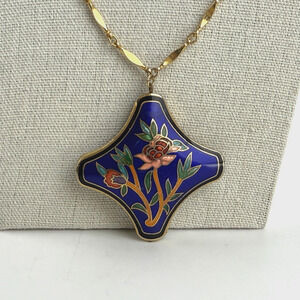 Vintage Freirich Cloisonné Cobalt Blue Floral Design DBL Sided Pendant Necklace